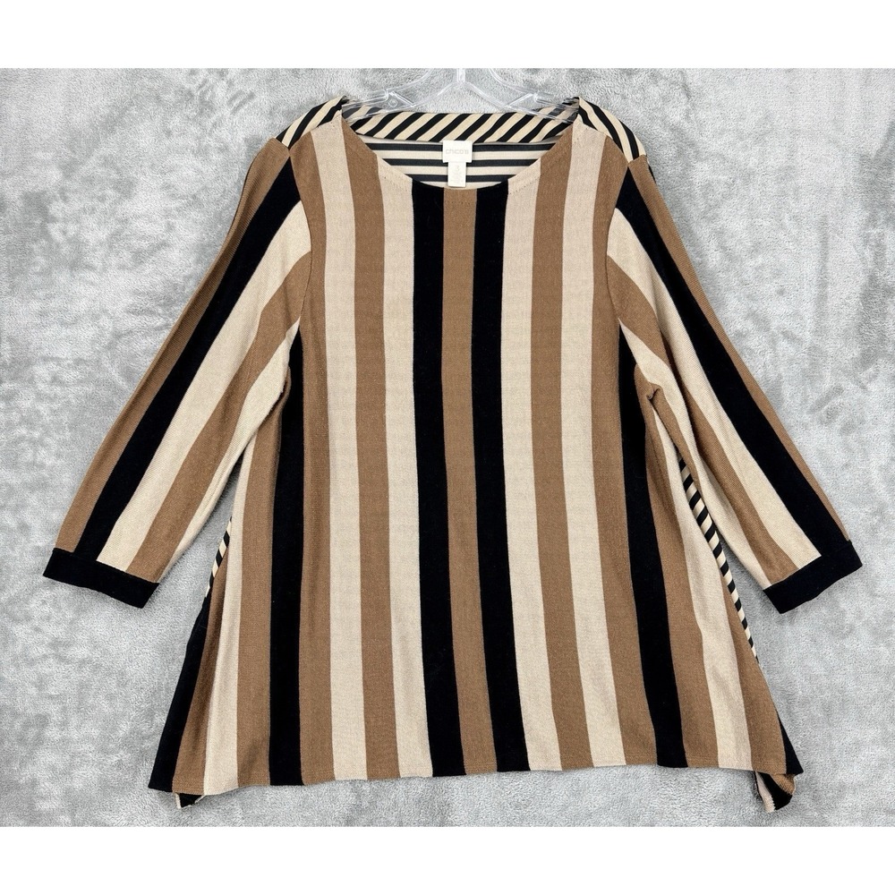 Chicos Sweater Womens 3 US XL Striped Mixed Media Lightweight Lagenlook Relaxed